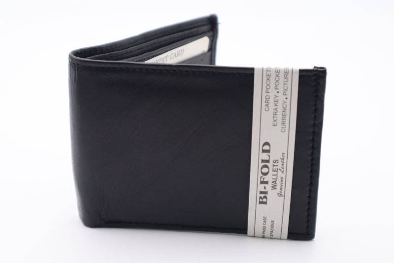 Photo 1 of BLACK BI-FOLD GENUINE LEATHER WALLET WITH 4 CARD SLOTS WITH 2 PLASTIC SEE THROUGH CARD SLOTS AND 2 SECTIONS FOR BILLS NEW 