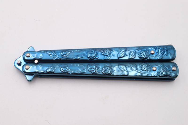 Photo 2 of 4 INCH BLUE ROSE PRINT BUTTERFLY KNIFE NEW 