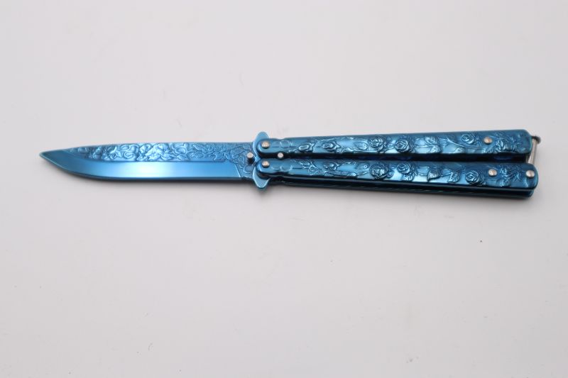 Photo 1 of 4 INCH BLUE ROSE PRINT BUTTERFLY KNIFE NEW 