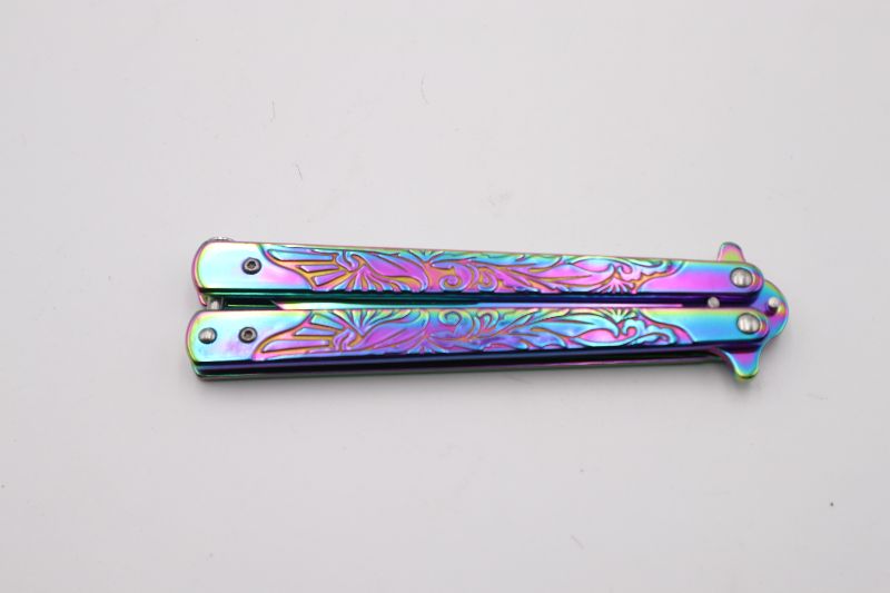 Photo 2 of 4 INCH RAINBOW WITH SWIRL PRINT BUTTERFLY KNIFE NEW 