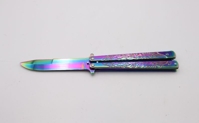 Photo 1 of 4 INCH RAINBOW WITH SWIRL PRINT BUTTERFLY KNIFE NEW 