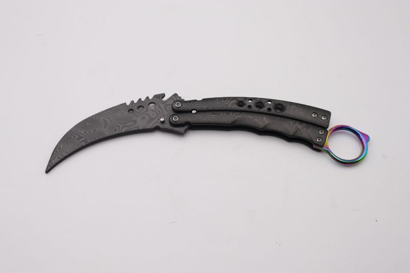 Photo 1 of 4 INCH BLACK SWIRL CLAW WITH RAINBOW HANDLE BUTTERFLY KNIFE NEW 