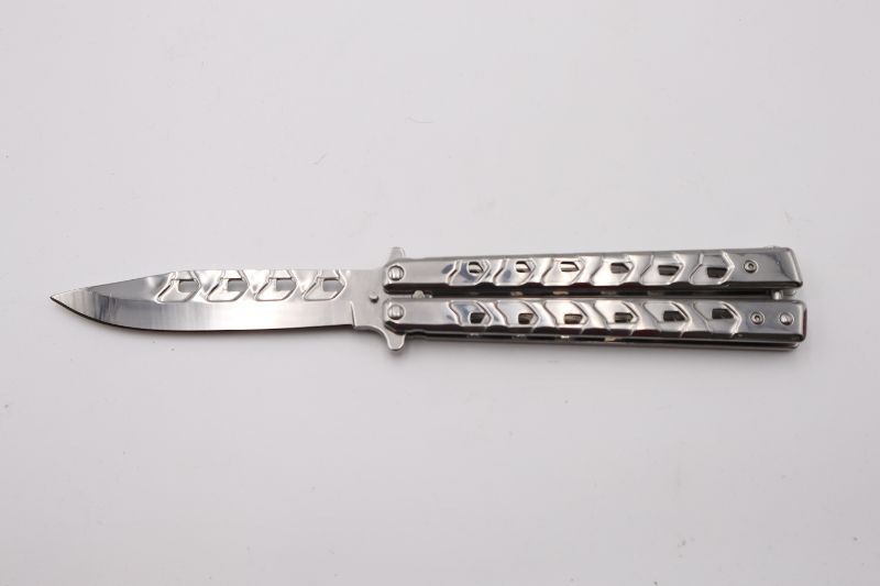 Photo 1 of 4 INCH SILVER WITH SQUARE CUT OUTS BUTTERFLY KNIFE  NEW