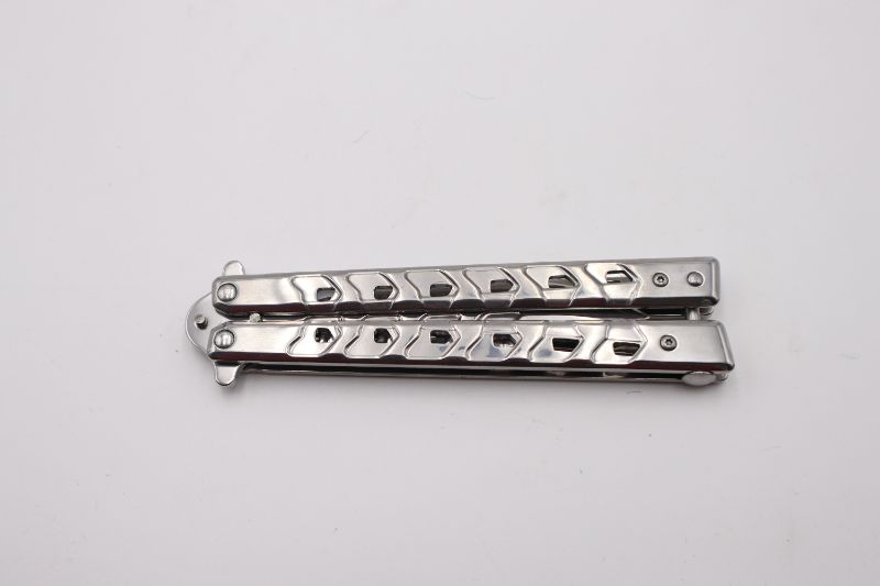 Photo 2 of 4 INCH SILVER WITH SQUARE CUT OUTS BUTTERFLY KNIFE  NEW