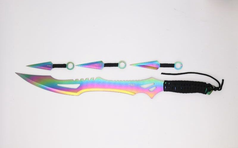 Photo 1 of 19 INCH TACTICAL OIL SLICK SWORD WITH 4 INCH THROWING KNIVES SET OF 3 NEW