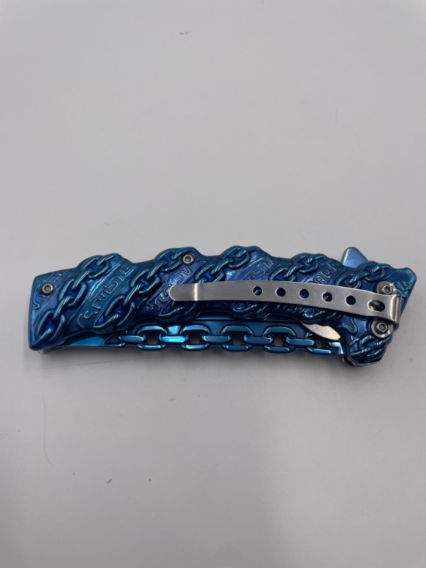 Photo 3 of BLUE GREY CHAINS POCKET KNIFE WITH 3D CHAINS BLADE NEW 