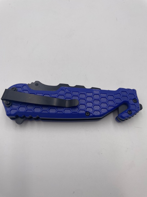 Photo 3 of BLUE BLACK HONEYCOMB POCKET KNIFE WITH WINDOW BREAKER AND QUICK SLICER NEW 