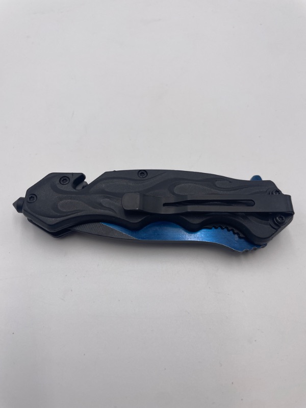 Photo 3 of BLACK BLUE FLAME POCKET KNIFE WINDOW BREAKER NEW 