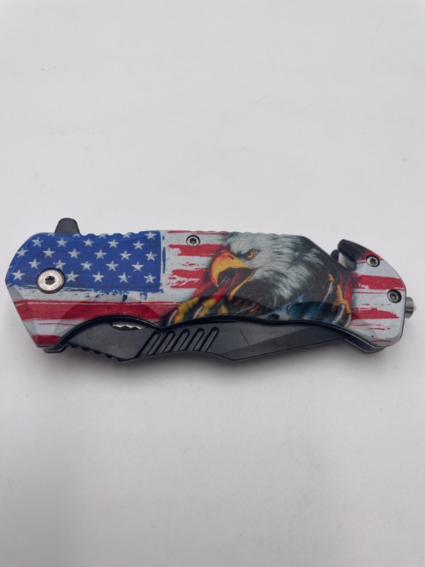 Photo 1 of AMERICAN EAGLE AND AMERICAN FLAG POCKET KNIFE WITH WINDOW BREAKER NEW 