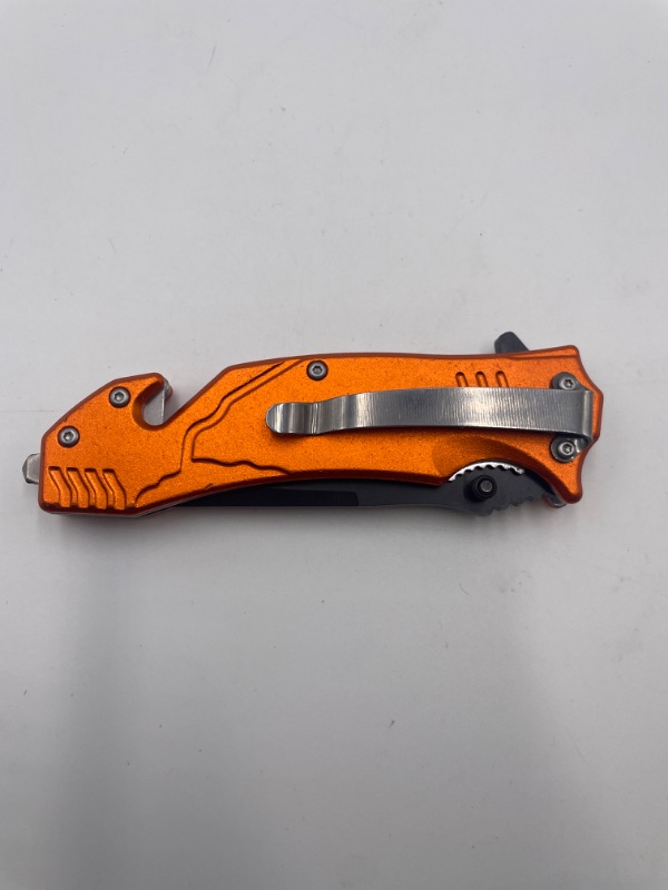 Photo 3 of ORANGE EMS POCKET KNIFE WITH WINDOW BREAKER AND QUICK HOOK TO CUT NEW 