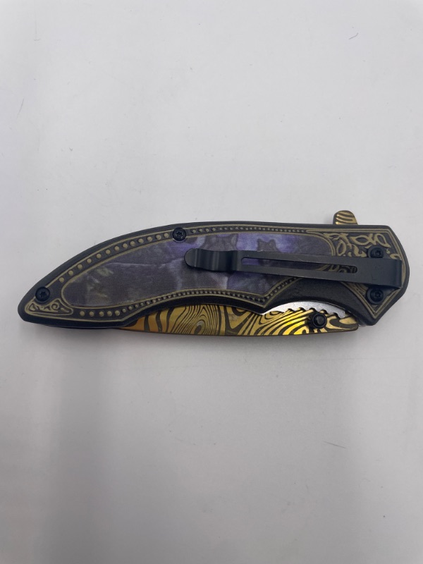 Photo 3 of WOLVES WITH PURPLE BACKGROUND AND ZEBRA PRINT BLADE GOLD POCKET KNIFE NEW  