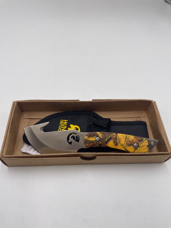 Photo 1 of HUNTER OUTDOORS YELLOW LEAF CAMO FISHING GUTTING KNIFE NEW 