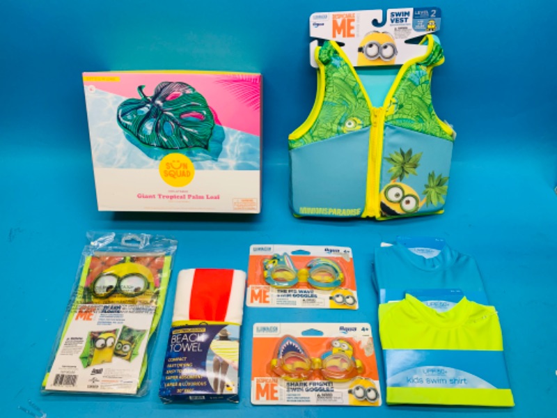 Photo 1 of 257712…8 pcs -giant palm leaf inflatable, minions swim vest, goggles, arm bands and 2  swim shirts size s and m