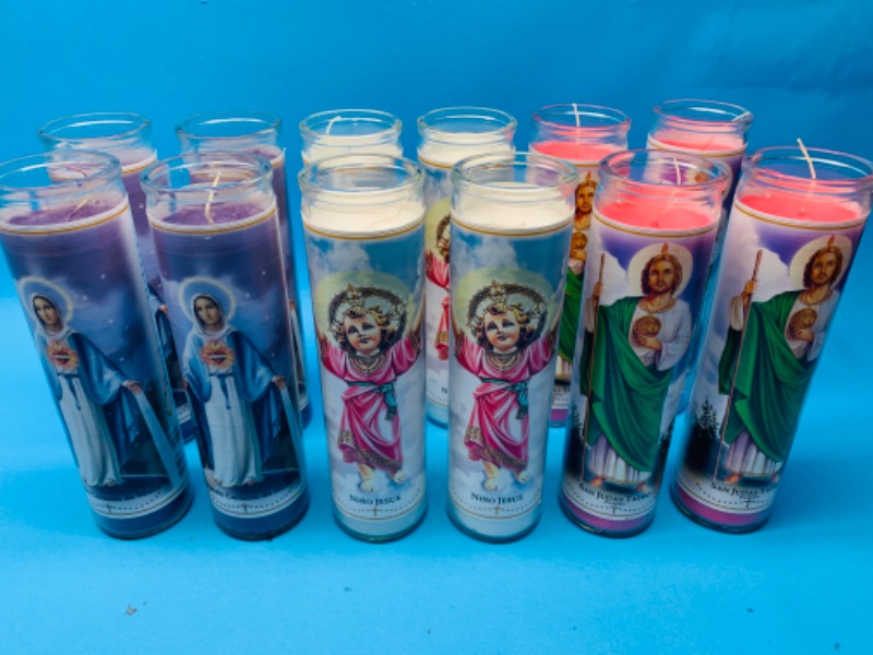 Photo 1 of 257791… 12 rosary glass candles - 4 of each figure 