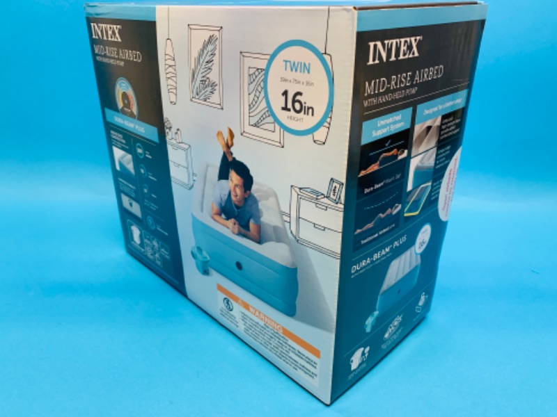 Photo 3 of 258024…Intex 16” twin mid rise air bed with hand held pump 