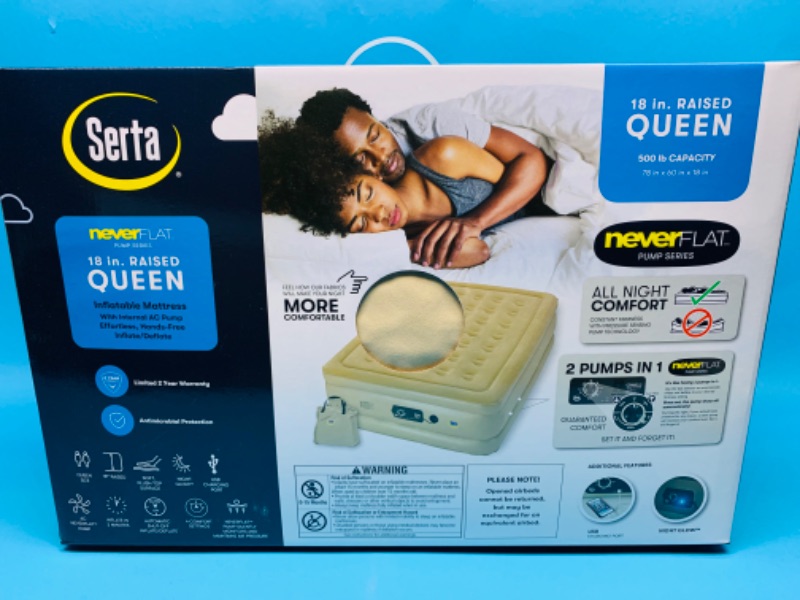 Photo 1 of 258033…  Serta 18” queen never flat raised air bed with internal pump - set it and forget it 