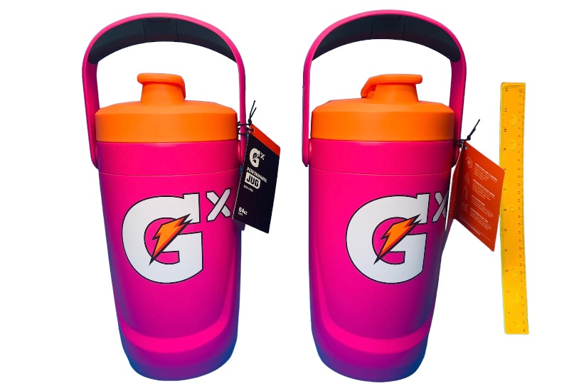 Photo 1 of 258552… 2 Gatorade Gx 64 oz jug with fence hook, name badge, leakproof flip cap