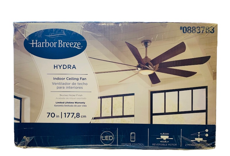 Photo 1 of 258853… harbor breeze hydra 70” indoor ceiling fan with LED, remote, reversible motor and 2 mounting options 