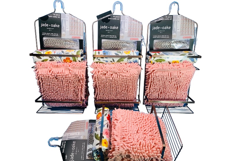 Photo 1 of 259709…  four 15 piece bath caddy sets includes shower curtain, hooks, bath mat, and caddy 