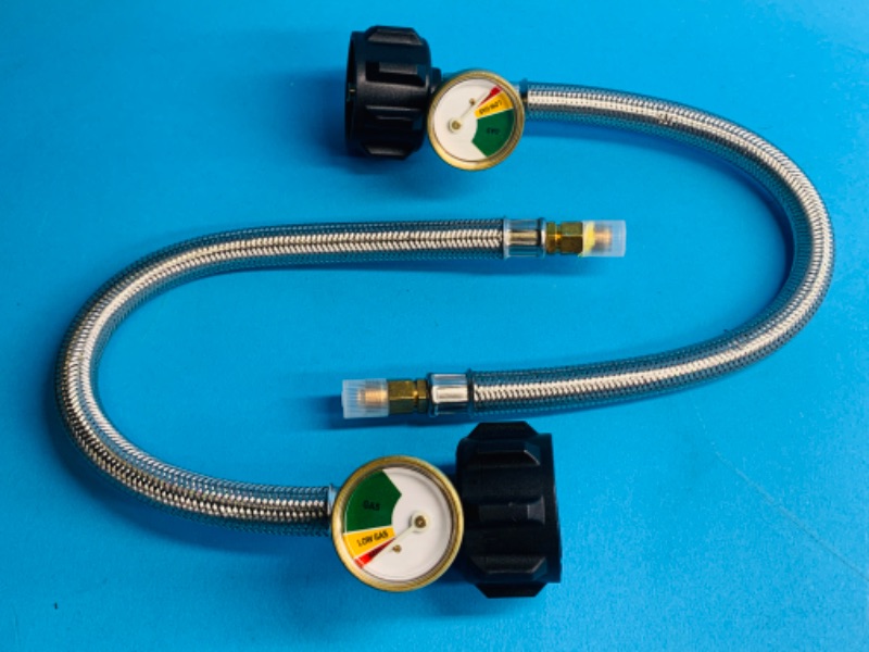 Photo 1 of 259776… 2 Pack 1/4" Inverted RV Propane Pigtail Hose with Gauge, 15inch RV Propane Hose Connector with Type 1/4" Inverted Male Flare Stainless Steel Braided for 5LB - 40LB Propane Tank