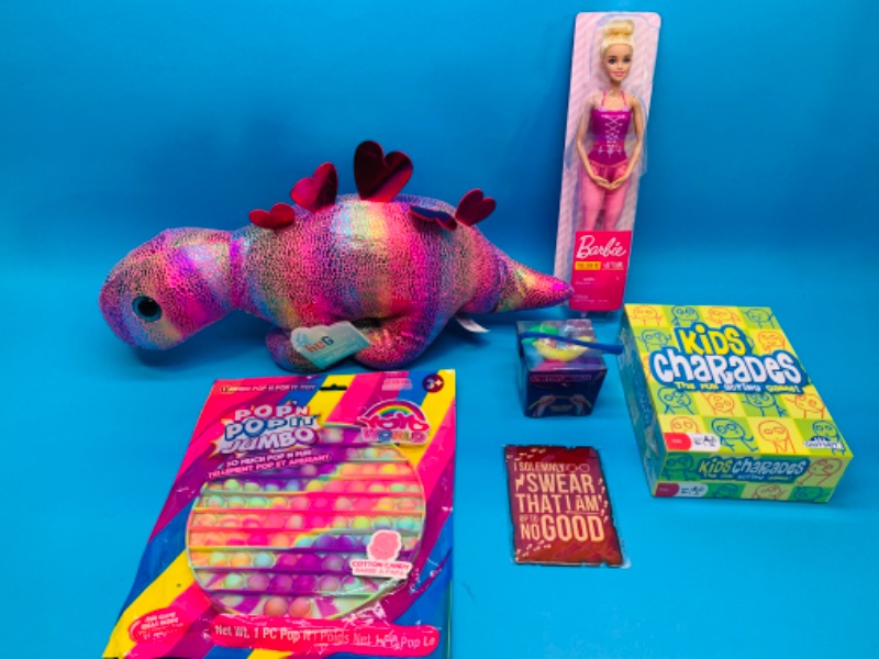 Photo 1 of 259979…6 piece- Barbie, Dino plush, games and fidget toys