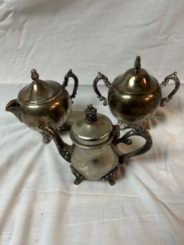 Photo 1 of Silver plate cream and sugar set with tiny teapot 