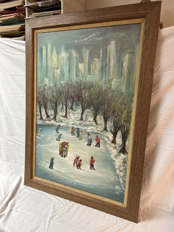 Photo 1 of large framed  vintage oil painting on canvas ice skating in park signed Doris  30 x 42