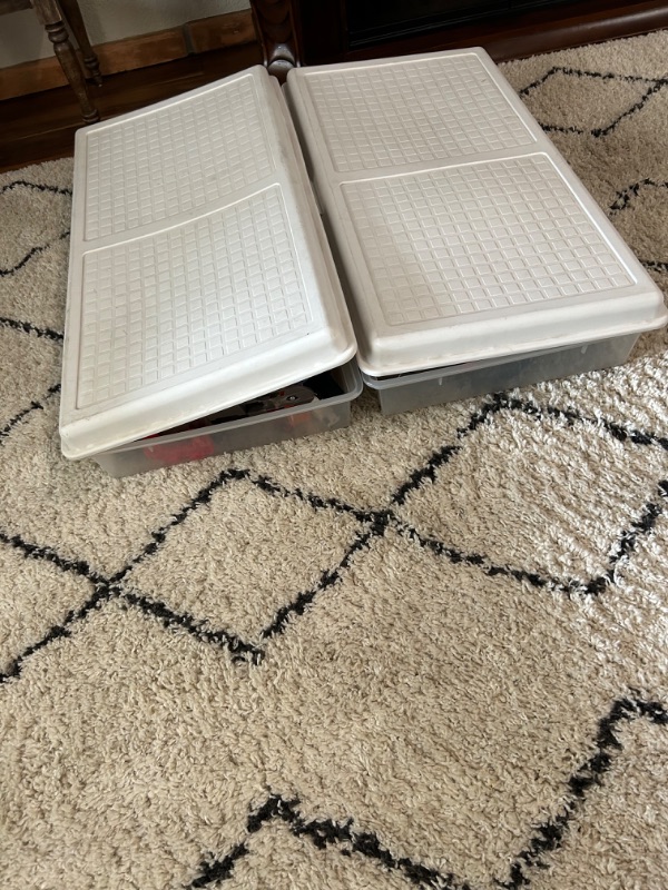 Photo 1 of 2 plastic bins with hot wheels tracks and a few cars 