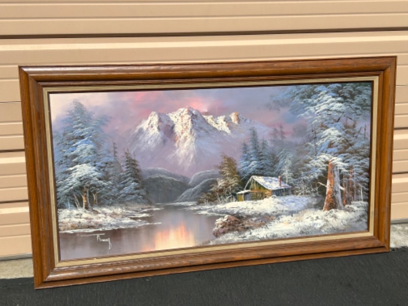 Photo 1 of large Framed oil painting measures 55 x 31 inches has some chips in frame 