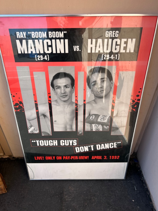 Photo 1 of Framed Boxing poster Ray Boom Boom Mancini and Greg Haugen 1992 glass is broken measures 24 x 36 inches   
