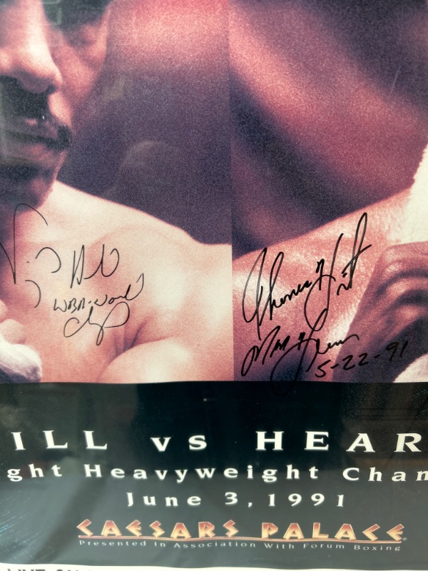 Photo 2 of Signed framed Boxing poster Hill vs Hearns signed by both fighters Measures 22 x 32 inches glass is cracked 