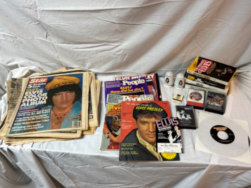 Photo 1 of Large Lot of Elvis Presley Memorabilia includes newspapers, magazines, books, salt and pepper shakers, cassette tapes, and concert ticket