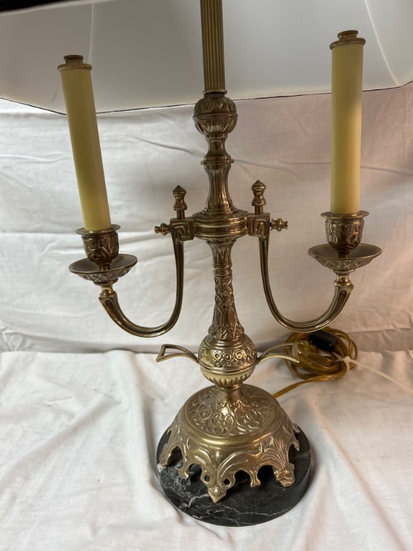 Photo 1 of Fredrick Cooper marble and brass table lamp, piece of material coming loose on lampshade