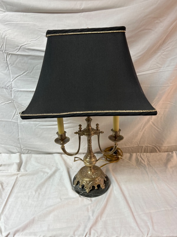 Photo 1 of Fredrick Cooper marble and brass table lamp, piece of material coming loose on lampshade