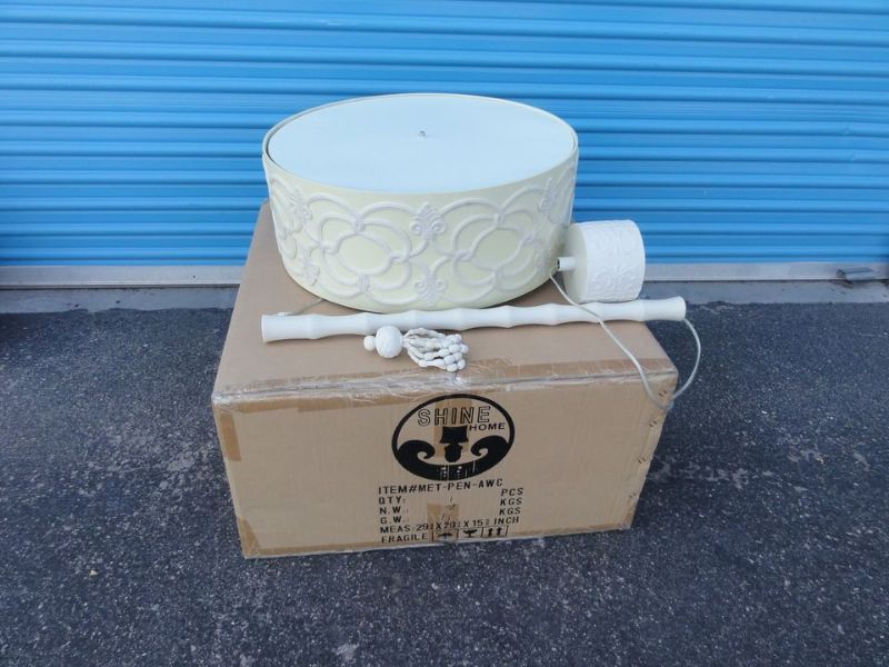 Photo 1 of Stunning hanging lamp from Wynn hotel new in the box. ShineHome model MET-PEN-AWC
24" across and 9" tall, overall length with post is 43" long. It is a beautiful lamp with a yellow opaque look and a bamboo designed post going up. New sealed in box.