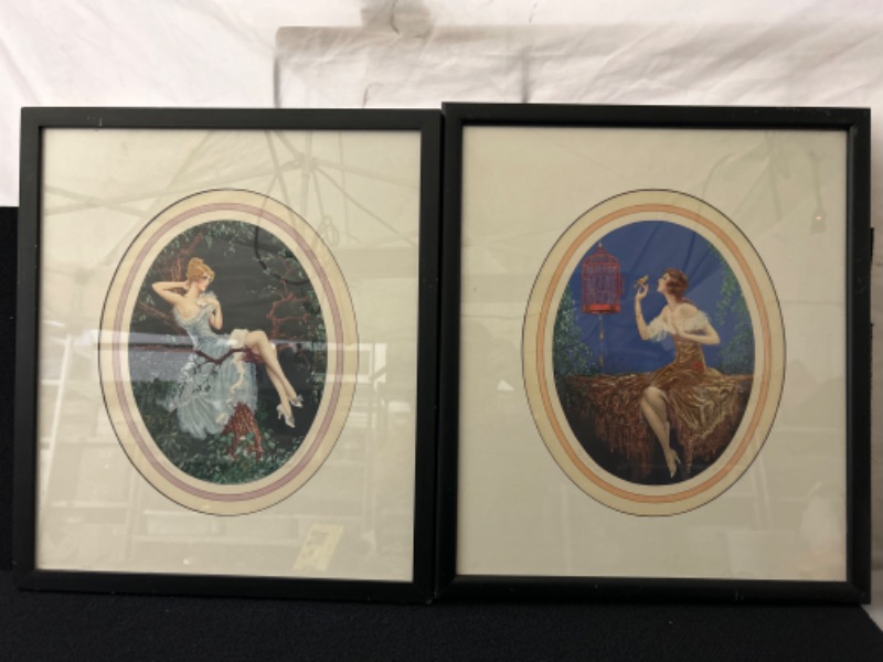Photo 1 of Set of 2 Framed and matted signed art deco prints by Marcel Le Boulte Loves message and my songbird measure appx. 20 x 23" 