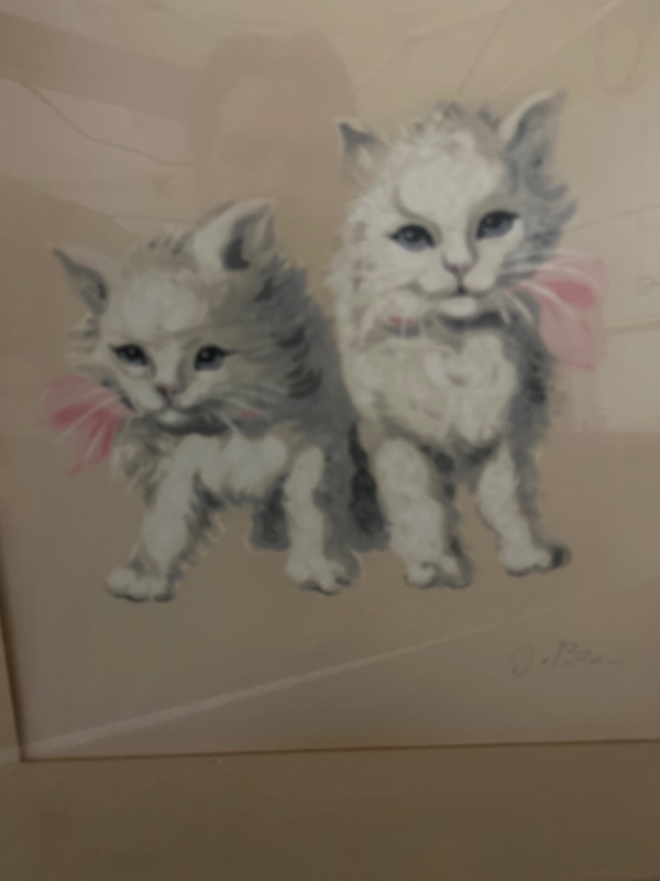 Photo 2 of Set of 2 MCM framed matted signed paintings of kitty cats measures 16.5 x 19.5 inches looks like watercolor