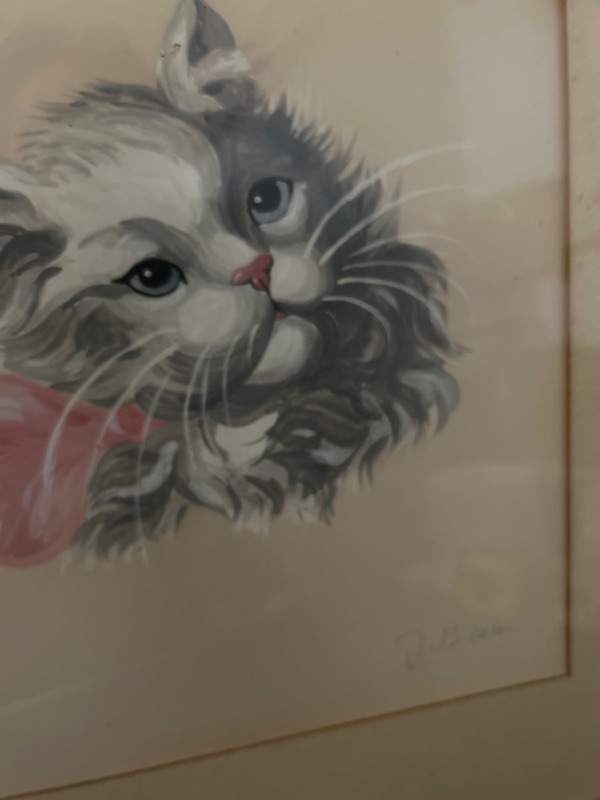 Photo 4 of Set of 2 MCM framed matted signed paintings of kitty cats measures 16.5 x 19.5 inches looks like watercolor