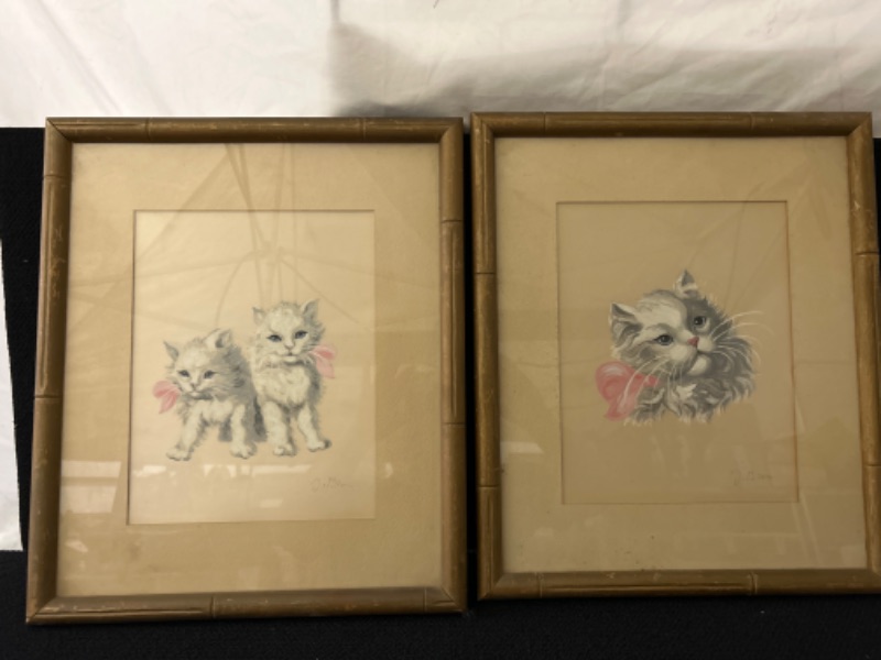 Photo 1 of Set of 2 MCM framed matted signed paintings of kitty cats measures 16.5 x 19.5 inches looks like watercolor