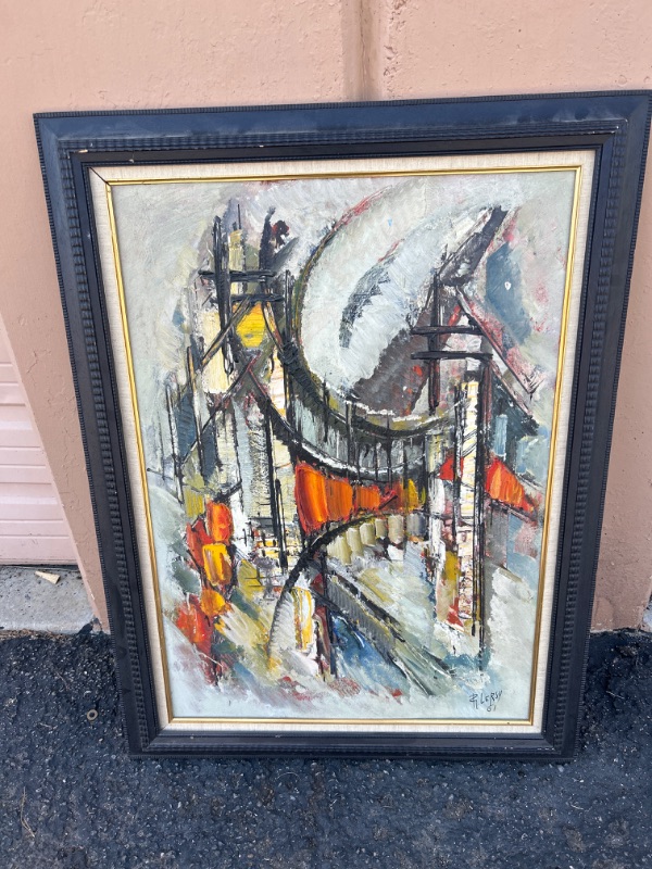 Photo 1 of Large framed oil painting by R. Lersy 1961 marked Pont. Suspendu on back tag from Geneve measure appx 43 x 33 inches has small damage spot