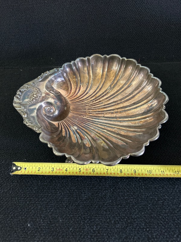 Photo 3 of Footed shell shaped bowl marked Crescent measures appx 12 x 12 x 2.5 inches 