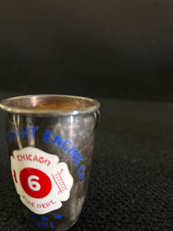 Photo 2 of Gorham Little Giant engine co Chigaco Fire company 1871 shot glass shaker 2.75 inches tall