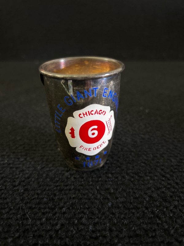 Photo 1 of Gorham Little Giant engine co Chigaco Fire company 1871 shot glass shaker 2.75 inches tall