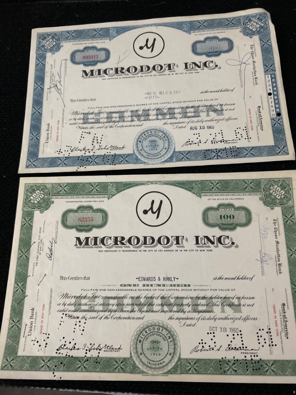 Photo 1 of @ vintage stock certificates Microdot corp 