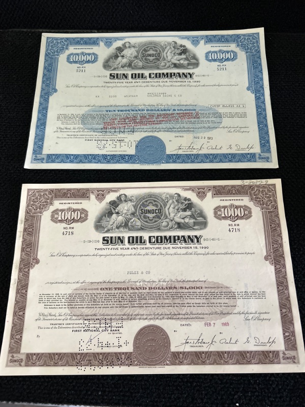 Photo 1 of 2 vintage stock certificates Sun Oil company 