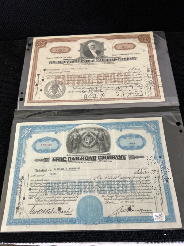 Photo 1 of 2 vintage stock certificates Erie and New York central railroad 1930's 40's