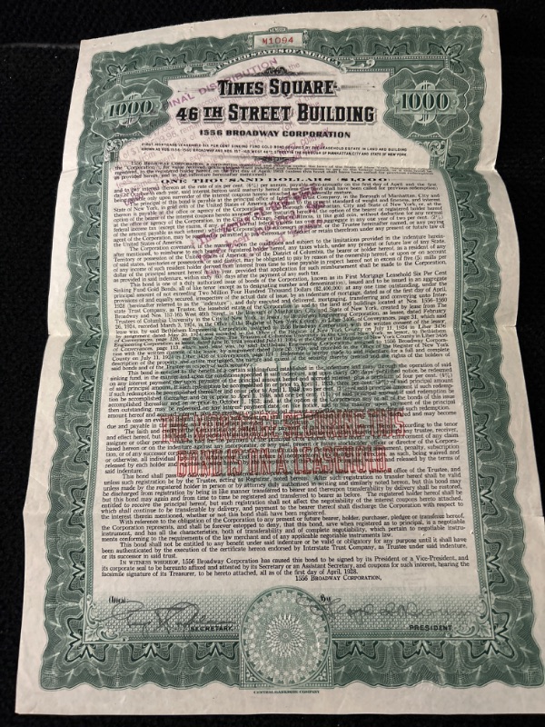 Photo 1 of 1935 Times Square $1000 gold bond mortgage certificate engraved like money very cool