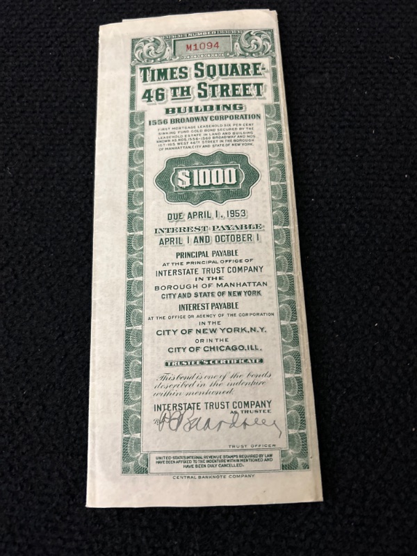 Photo 3 of 1935 Times Square $1000 gold bond mortgage certificate engraved like money very cool