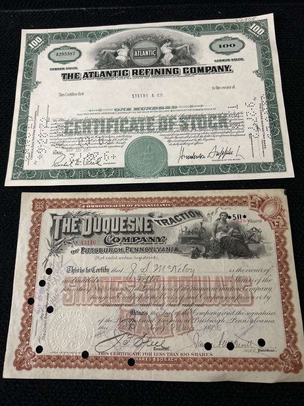 Photo 1 of 2 vintage stock certificates Duquesne traction company and Atlantic refining great engraving of anvil and vice