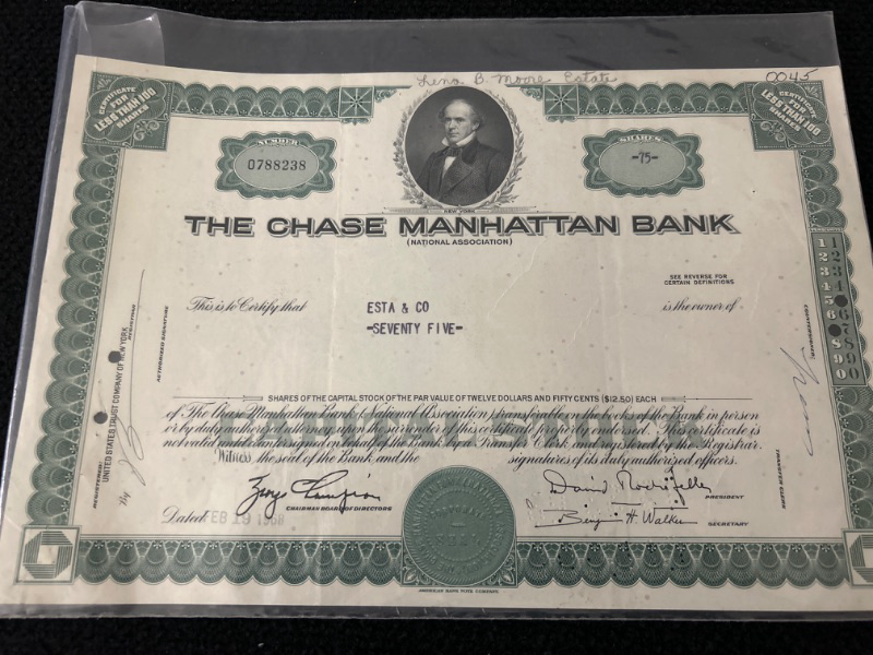 Photo 1 of  vintage stock certificate Chase Manhattan Bank signed by Rockefeller 